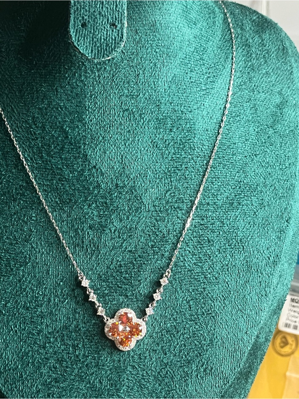 2.6 CTW Orange & Clear Moissanite Clover Necklace 925 Sterling Silver